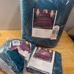 Vtg JCPenney Sheridan Ceylon Teal Blue Satin Full Comforter Bedskirt Sham Set